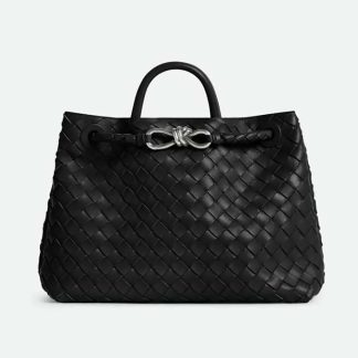 Bottega Veneta Women Medium Andiamo in Supple Intrecciato Leather-BlackSilver