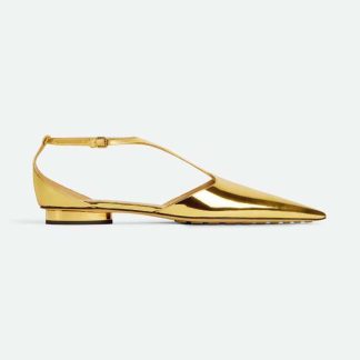 Bottega Veneta Women Rocket T-Bar Ballerina Flat Laminated Leather T-Bar Ballerina-Gold