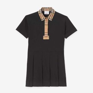 Burberry Girls' Vintage Check Trim Cotton Piqué Polo Shirt Dress-Black