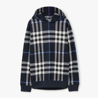 Burberry Men Check Cotton Jacquard Hoodie-Blue