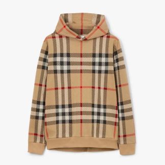 Burberry Men Check Cotton Jacquard Hoodie-Brown