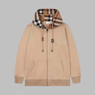 Burberry Men Check Trim Cotton Zip Hoodie-Beige