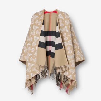 Burberry Women Monogram Wool Cashmere Reversible Cape-Beige