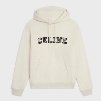Celine Men Loose Hoodie in Cotton Fleece-White