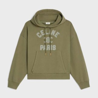 Celine Men Paris Loose Hoodie in Cotton Fleece-Green