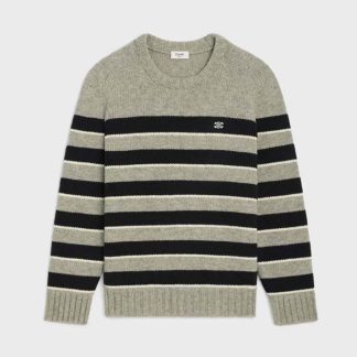 Celine Men Triomphe Crew Neck Sweater in Striped Wool