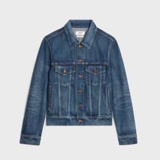 Celine Men Trucker Jacket in Dark Union Wash Denim