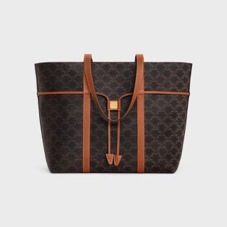 Celine Women Cabas Drawstring in Triomphe Canvas and Calfskin-Brown