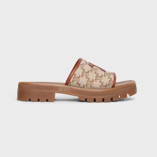 Celine Women Clea Triomphe Slide in Triomphe Stamped Canvas &amp; Calfskin