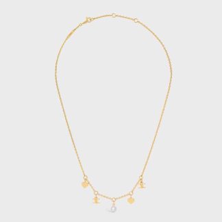 Celine Women Cœur Celine Charms Necklace in Brass with Gold Finish and Resin Pearl