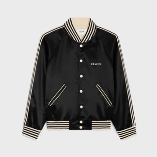 Celine Women Embroidered Teddy Jacket in Satin-finish Nylon-Black