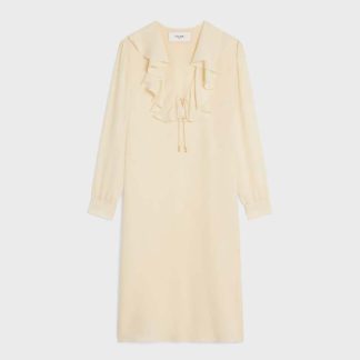 Celine Women Jabot Dress in Lightweight Silk Sablé-Beige