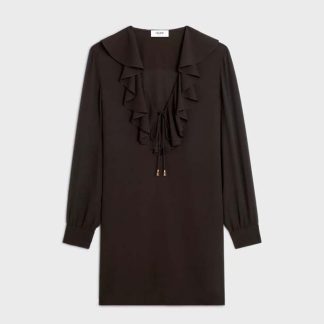 Celine Women Jabot Mini Dress in Silk Georgette-Black