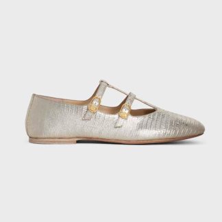 Celine Women Les Ballerines Celine Double Strap Mary Jane in Lizard Stamped Metalized Calfskin