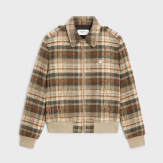 Celine Women Loose Teddy Jacket in Brushed Checked Tweed