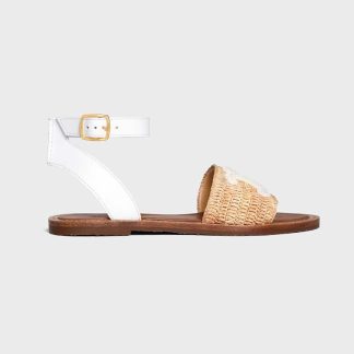 Celine Women Lympia Flat Strap Sandal in Raffia &amp; Calfskin-White