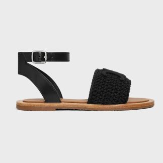 Celine Women Lympia Sandal in Triomphe Maccramé Cotton &amp; Calfskin-Black