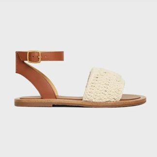 Celine Women Lympia Sandal in Triomphe Maccramé Cotton &amp; Calfskin-White