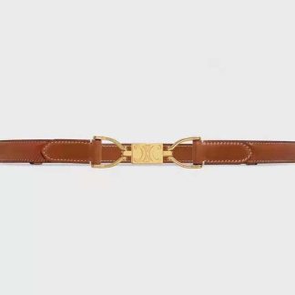 Celine Women Small Block Triomphe Belt in Taurillon Leather-Brown