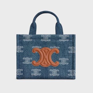 Celine Women Small Cabas Thais in Denim with Triomphe all-over Embroidery and Calfskin