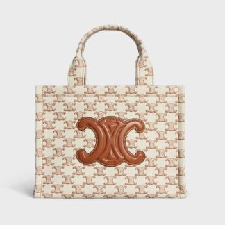 Celine Women Small Cabas Thais in Textile with Triomphe Canvas Print and Calfskin-Beige