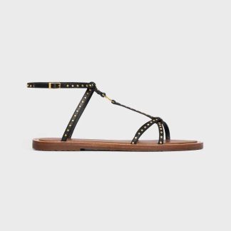 Celine Women Taillat Flat Sandal with Studs in Calfskin - Vegetal Tanning &amp; Studs-Black