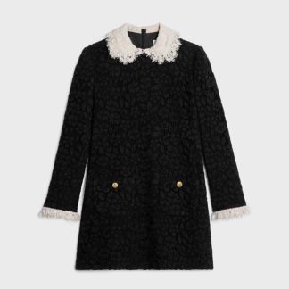 Celine Women Trapeze Mini Dress in Floral Guipure-Black