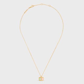 Celine Women Triomphe Cube Necklace in Brass with Gold Finish and Colored Enamel
