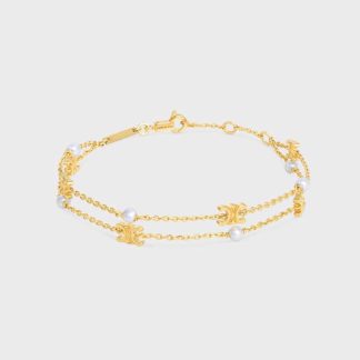 Celine Women Triomphe Pearl Double Bracelet in Brass with Gold Finish and Resin Pearls
