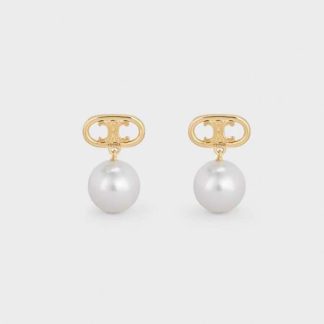 Celine Women Triomphe Pearl Earrings in Brass with Gold Finish and Glass Pearls