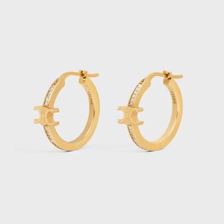 Celine Women Triomphe Sparkle Hoops in Strass and Brass with Gold Finish