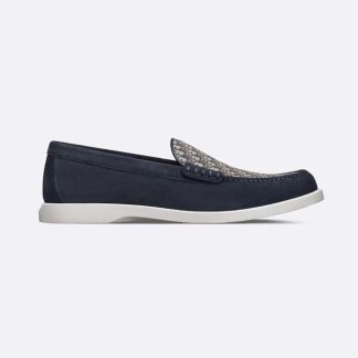Dior Men Granville Loafer Navy Blue Suede with Beige and Black Dior Oblique Jacquard
