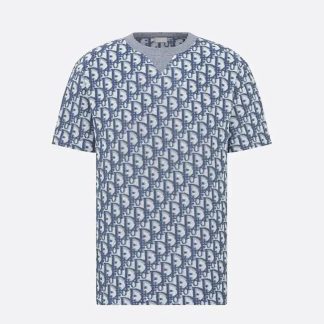 Dior Men Oblique Relaxed-Fit T-Shirt Blue and White Terry Cotton Jersey