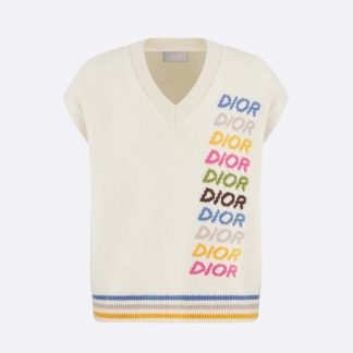 Dior Men Sleeveless Sweater Beige Wool and Cashmere Intarsia