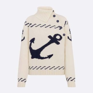 Dior Men Turtleneck Sweater Ecru and Navy Blue Wool and Cashmere Knit with Signature
