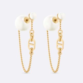 Dior Women 30 Tribales Earrings Gold-Finish Metal and White Resin Pearls