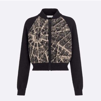 Dior Women Bomber Jacket Beige and Black Technical Virgin Wool Knit with Plan de Paris Motif