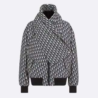 Dior Women Bomber Jacket with Criss Cross Collar Blue and Ecru Technical Taffeta Jacquard