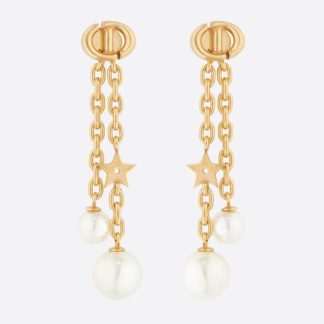 Dior Women CD Navy Earrings Gold-Finish Metal and White Resin Pearls