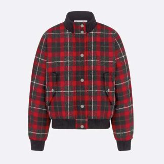 Dior Women Cannage Bomber Jacket with Vest Red, Gray and Black Check'n'Dior Virgin Wool