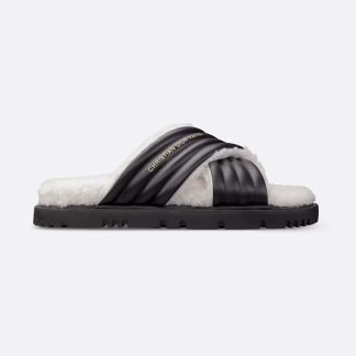 Dior Women D-Cross Slide Black Lambskin and White Shearling
