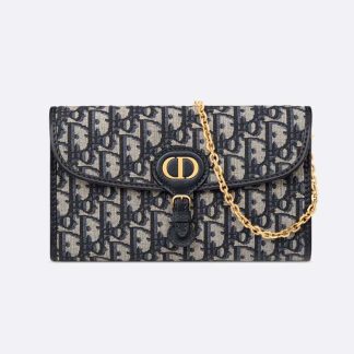 Dior Women Dior Bobby East-West Pouch with Chain Blue Dior Oblique Jacquard