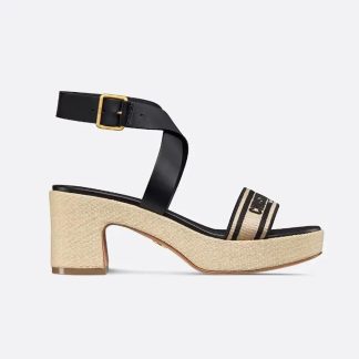 Dior Women Dioriviera Dway Heeled Sandal Natural Raffia with Black Calfskin and Embroidered Cotton