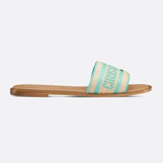 Dior Women Dioriviera Dway Slide Natural Raffia and Aquamarina Embroidered Cotton
