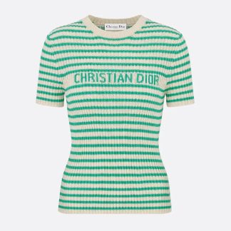 Dior Women Dioriviera Short-Sleeved Sweater White and Aquamarina Cotton Ribbed Knit