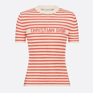 Dior Women Dioriviera Short-Sleeved Sweater White and Candy Pink Cotton Ribbed Knit