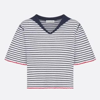 Dior Women Dioriviera Sweater White and Navy Blue Linen, Cashmere and Silk Ribbed Knit