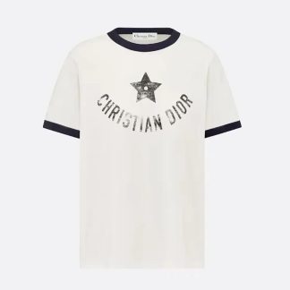 Dior Women Dioriviera T-Shirt Ecru and Navy Blue Cotton Jersey