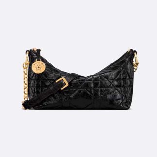 Dior Women Diorstar Hobo Bag with Chain Black Macrocannage Crinkled Calfskin