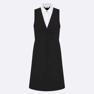 Dior Women Dress with Spread Collar Black Double-Sided Virgin Wool Crepe and White Cotton Poplin
